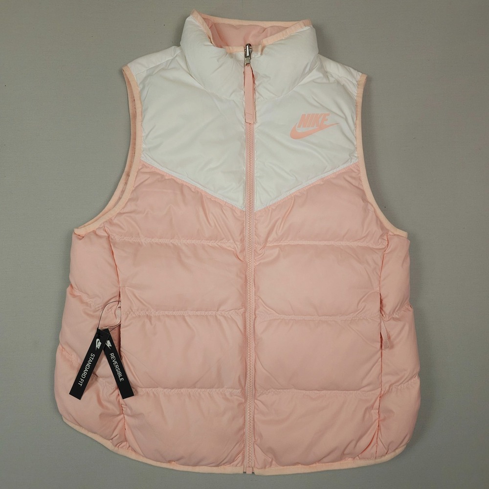 Nike Puffer Vest Women Small Pink White Reversible Full Zip Standard Fit Down